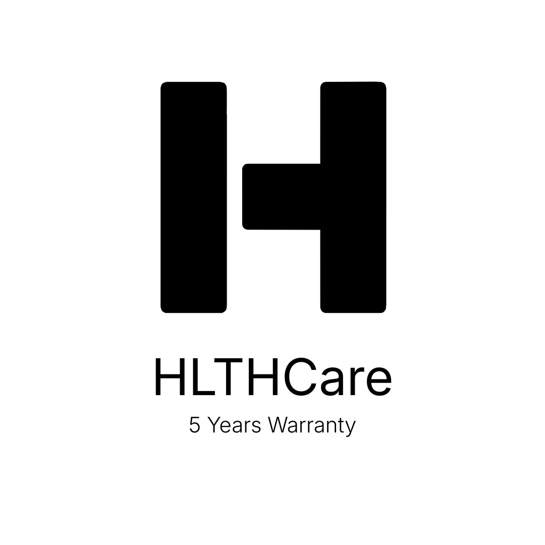 HLTHCare logo with a black H symbol on a white background, displaying the text HLTHCare and five year warranty.