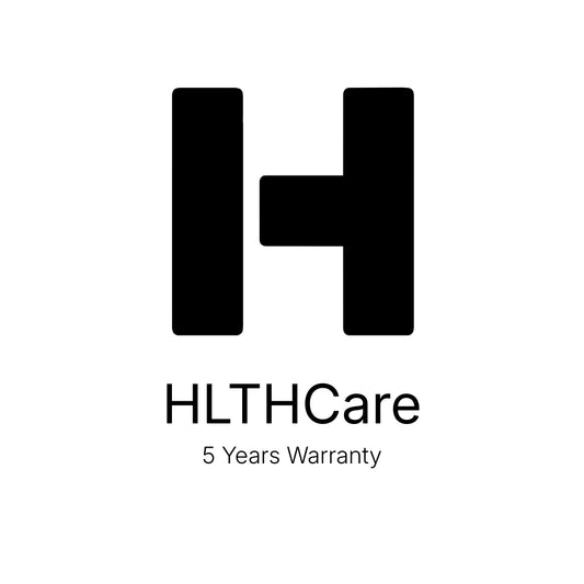 HLTHCare logo with a black H symbol on a white background, displaying the text HLTHCare and five year warranty.